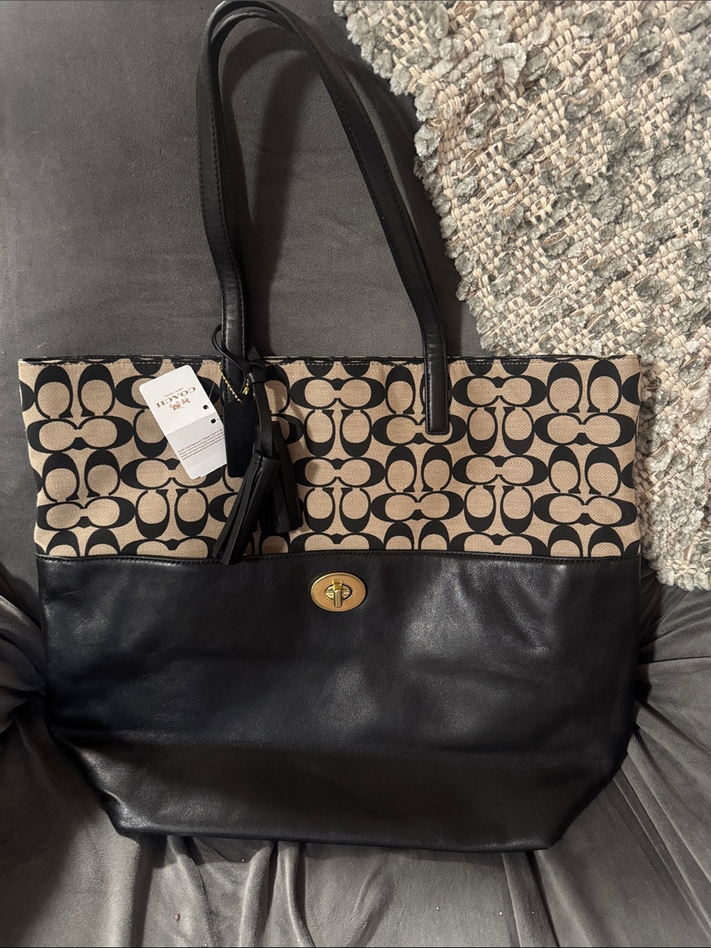 Coach Two-Tone Signature Tote in Beige and Black
